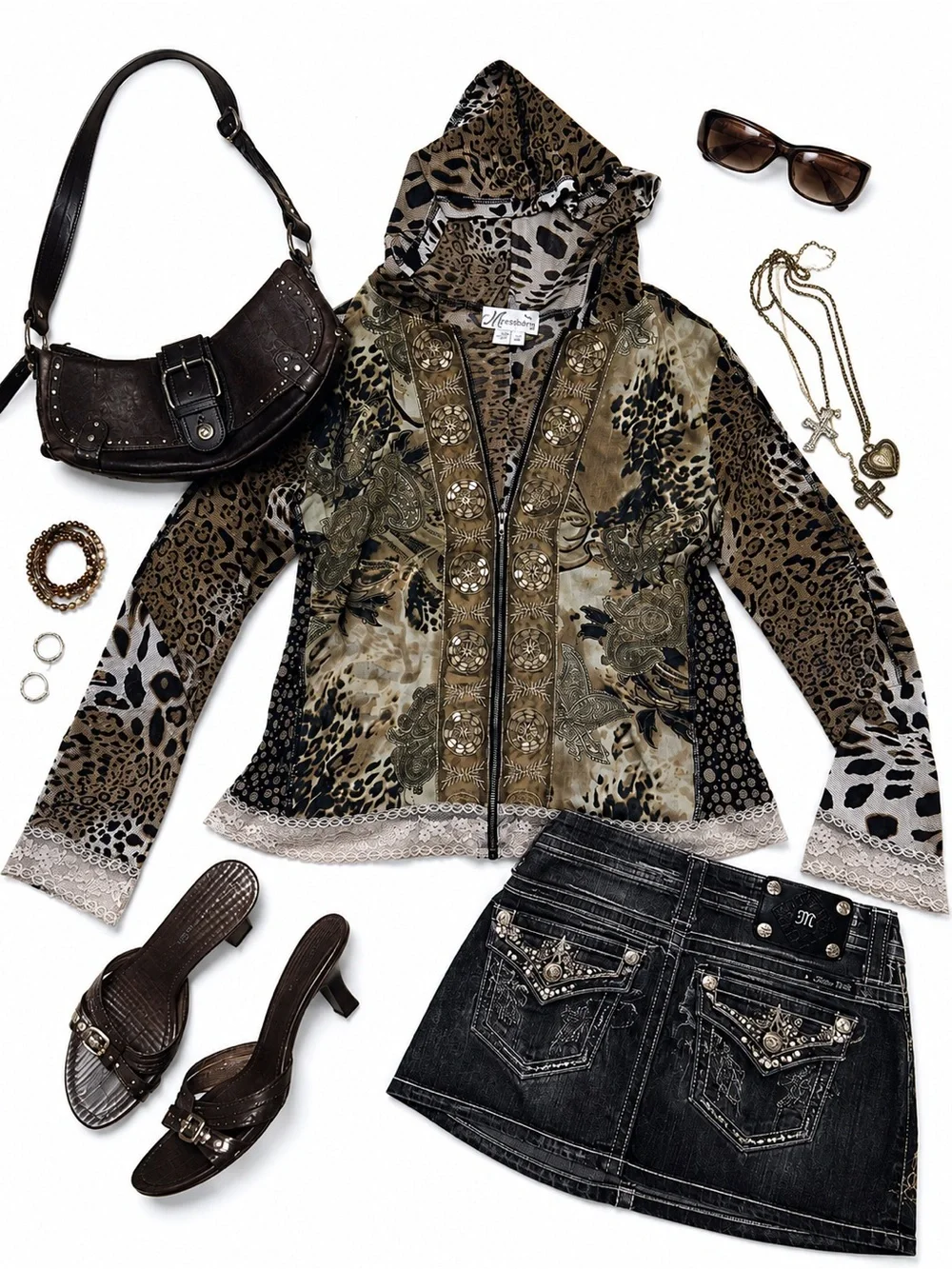 Whimsigoth Leopard Patchwork Zip Hoodie Lace Trim Boho Fairy Grunge Y2K Jacket
